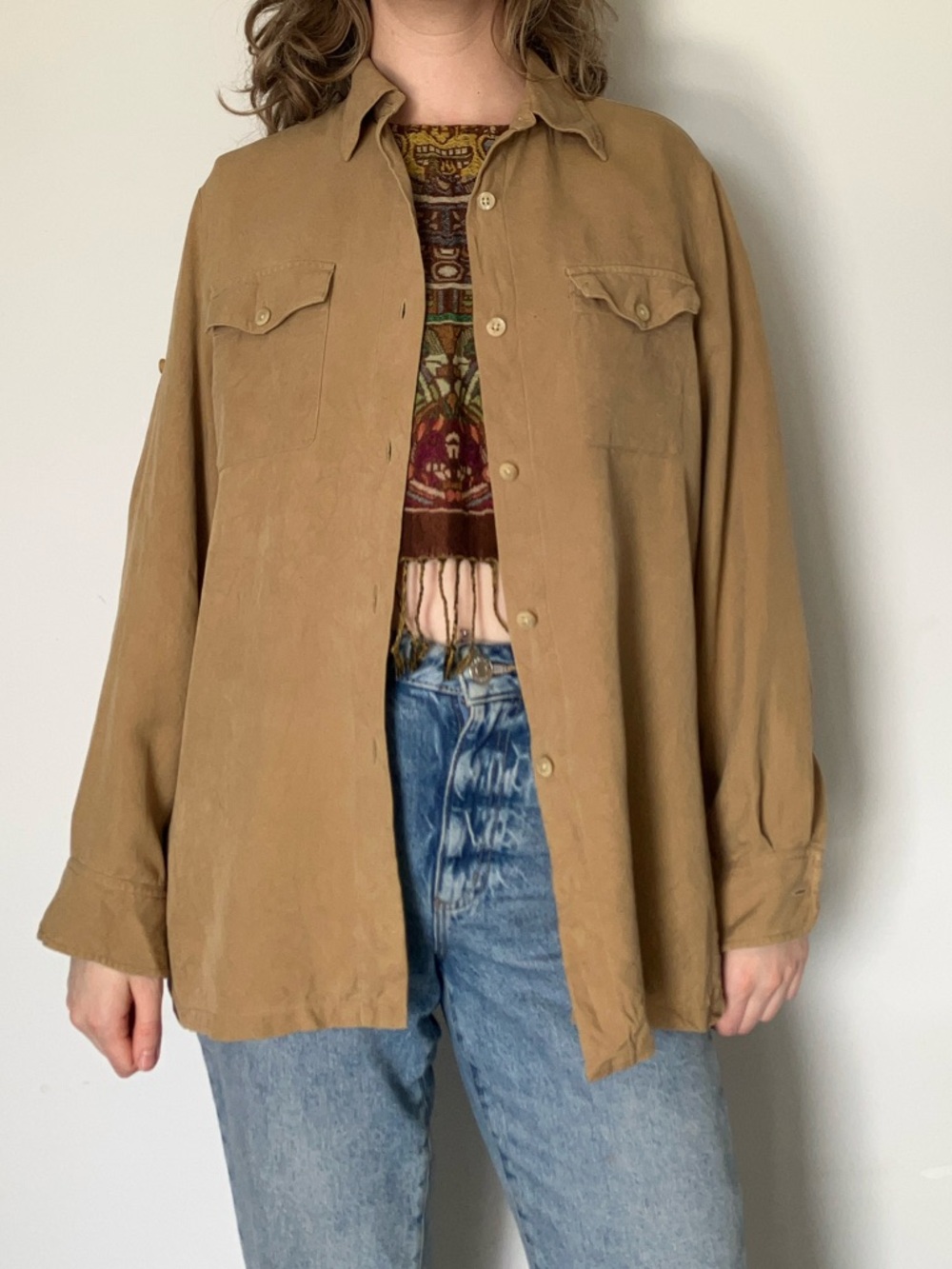 Vintage Ralph Lauren Tan Button-Down Shirt Jacket 100% silk in size medium
